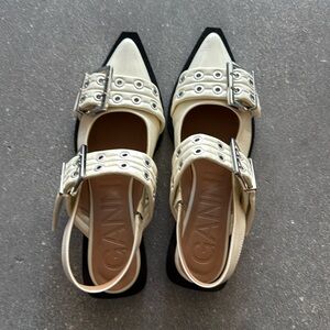 Ganni Wide Welt Buckle Ballerina Flats in Egret